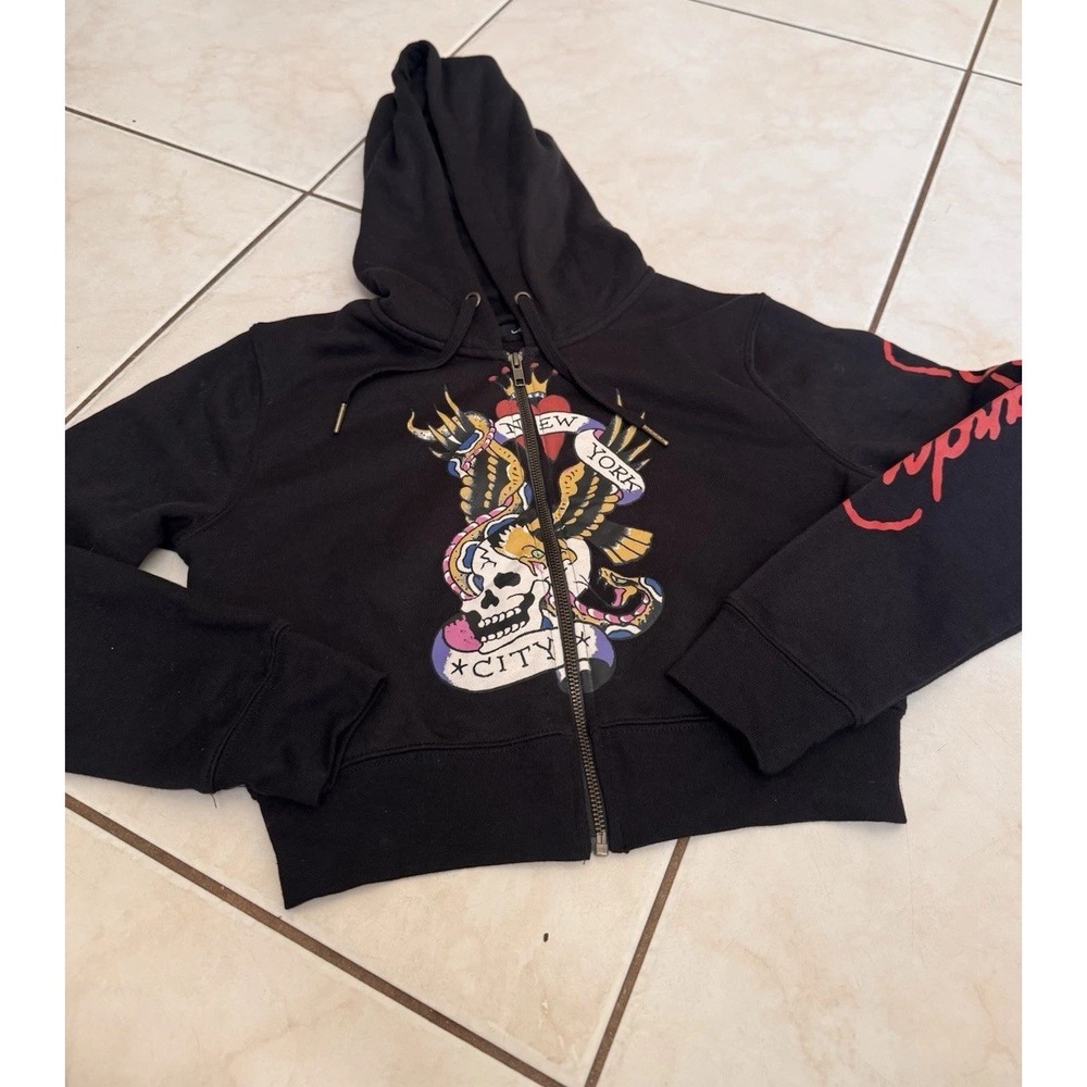 Ed Hardy NYC Full Zip Skull Jacket Cropped Hoodie Y2K 90s Tattoo Art Women's L